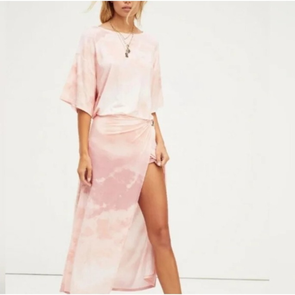 NEW Free People Alyssa Pink Tie Dye Maxi Jersey ‎ Metal Buckle Ring Wrap Dress M